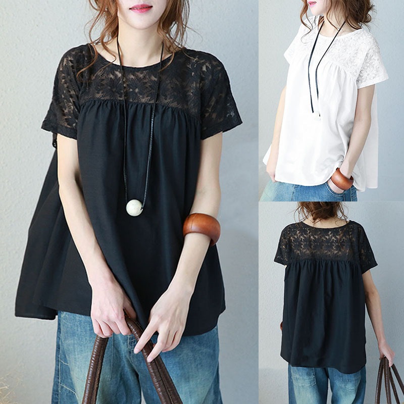 Cross-Border Amazon Foreign Trade Large Size Solid Color Lace Short-Sleeved Shirt Top Splicing Women's Clothing