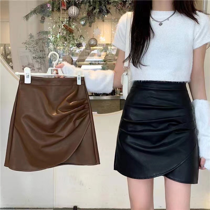 Black Leather Skirt Women's Spring and Autumn New plus size chubby girl High Waist Pleated Skirt Anti-walking Sheath A- line Short Skirt