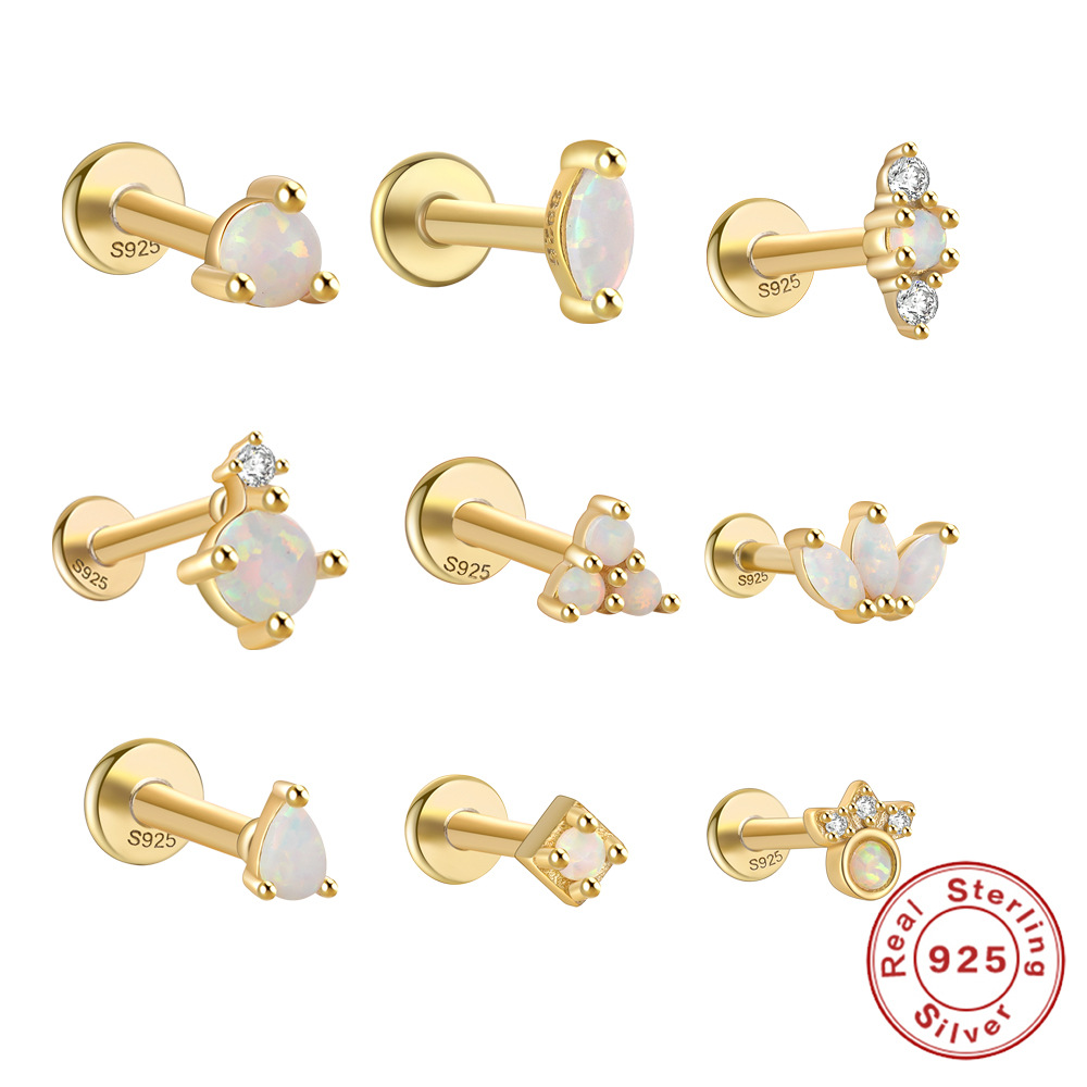 925 Sterling Silver Opal Opal Puncture Spiral Cartilage Earrings European and American Hot-Selling High-End Flat-Head Earrings
