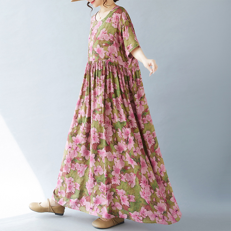 Picture of Simple Fashion Bohemian Dress Summer New Fat Plus Size Short Sleeve Round Neck Printed Dress for Foreign Trade Women