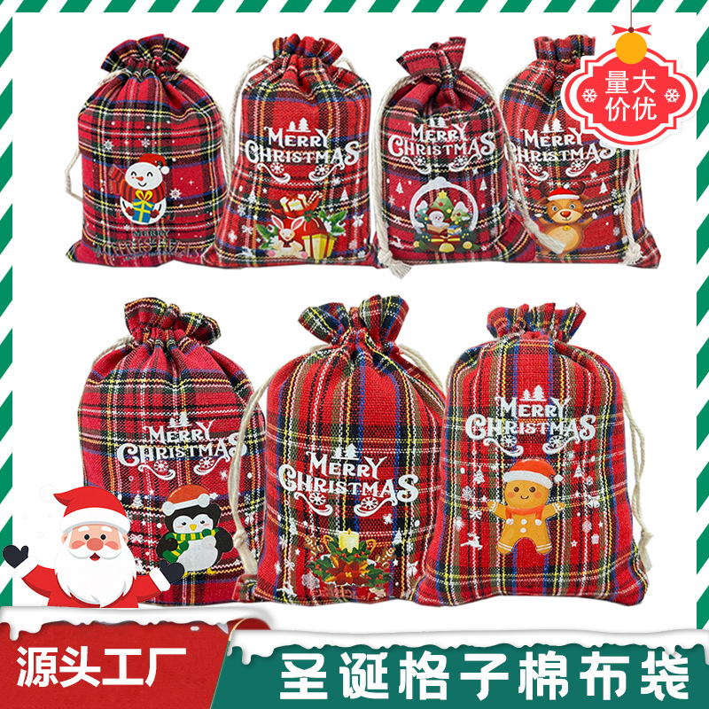 Christmas Plaid Cotton Drawstring Pocket Candy Gift Bag Christmas Holiday Gift Set Environmentally Friendly Drawstring Pocket