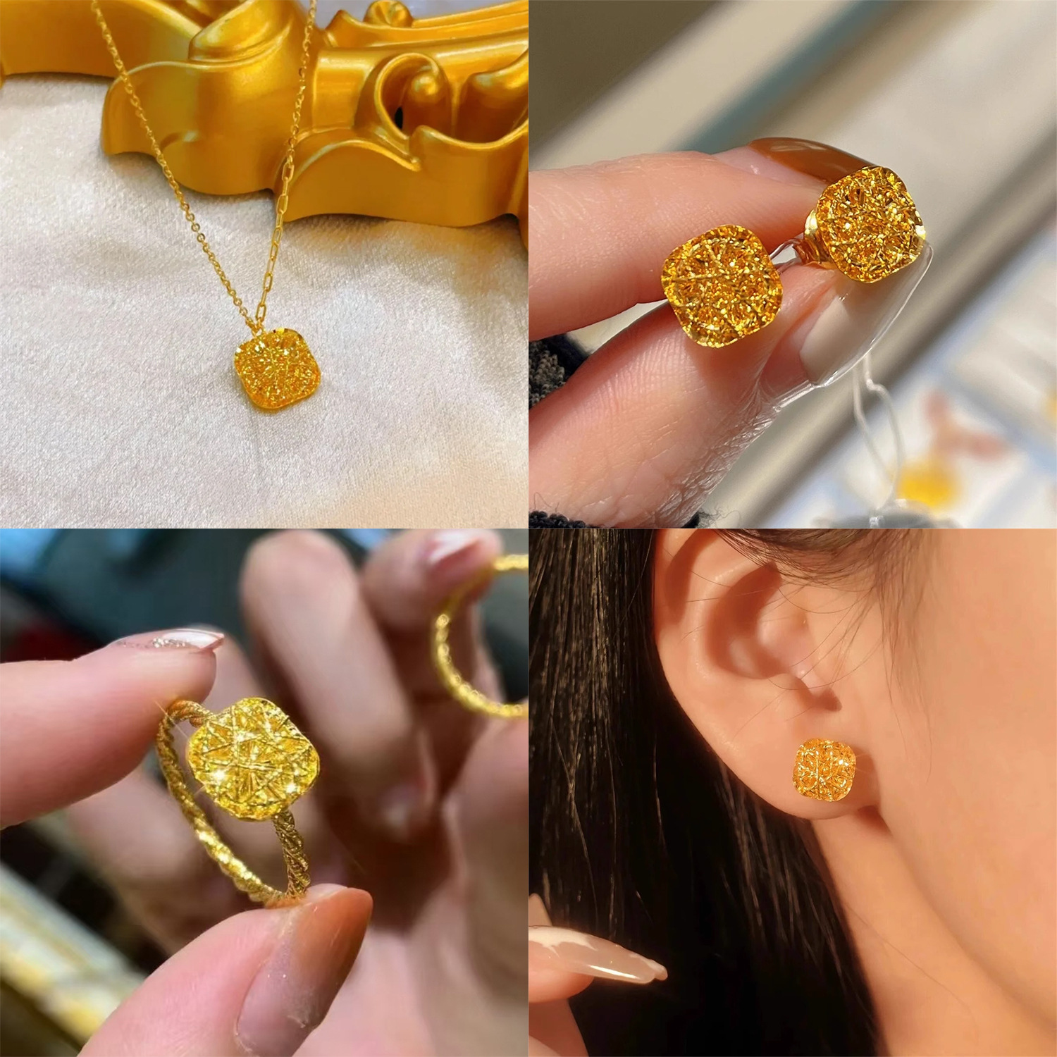 Zhoujia Same Style CNC Brushed Small Sugar Ring Flash Ice Sugar Necklace Light Luxury Filigold Hollow Earrings for suit Women