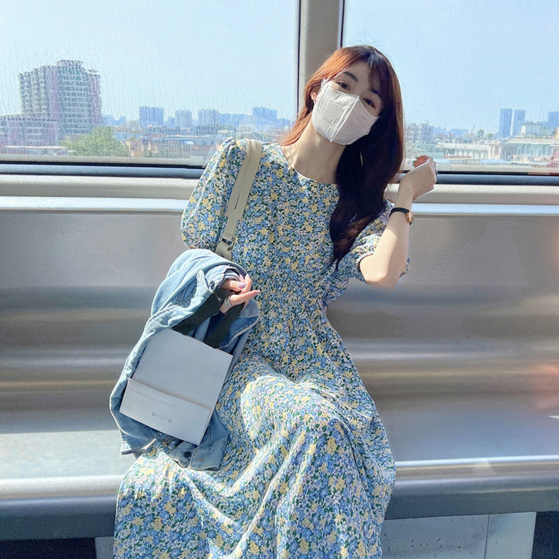 Small Fresh Puff Sleeve Floral Dress for Women Summer 2025 New Cross-Border French Dress Waist French Skirt