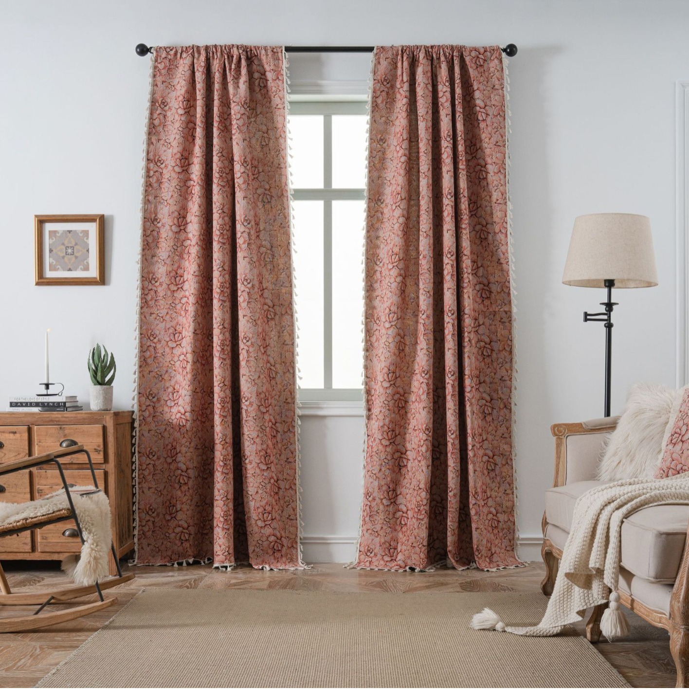 Picture of Yuman Qiyun Curtain Pink Fleshy Flower Jacquard Tassel Curtain Finished Kitchen Curtain Bay Window Semi-Shaded
