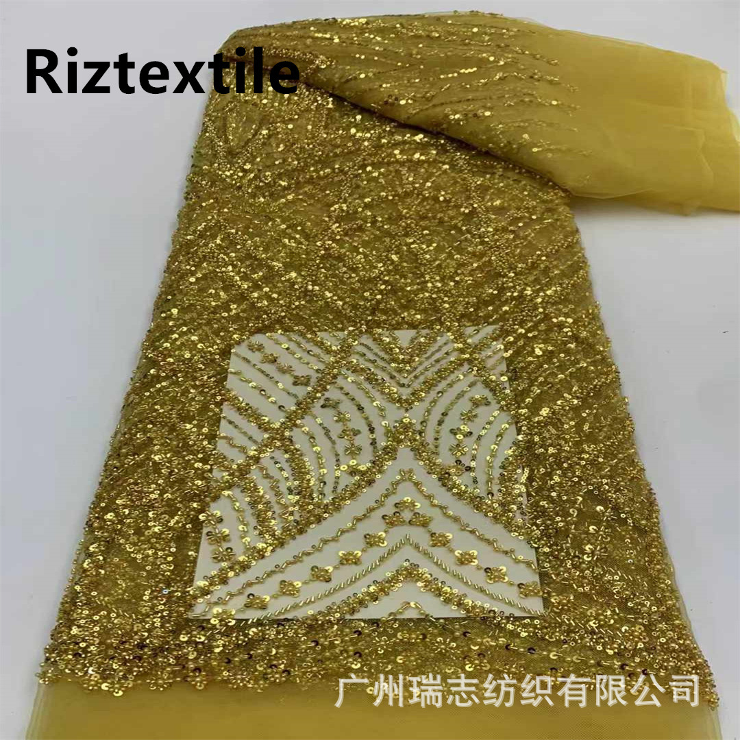 Picture of Chain line flower bead embroidery fabric European and American stereo sequins embroidery dress lace French lace