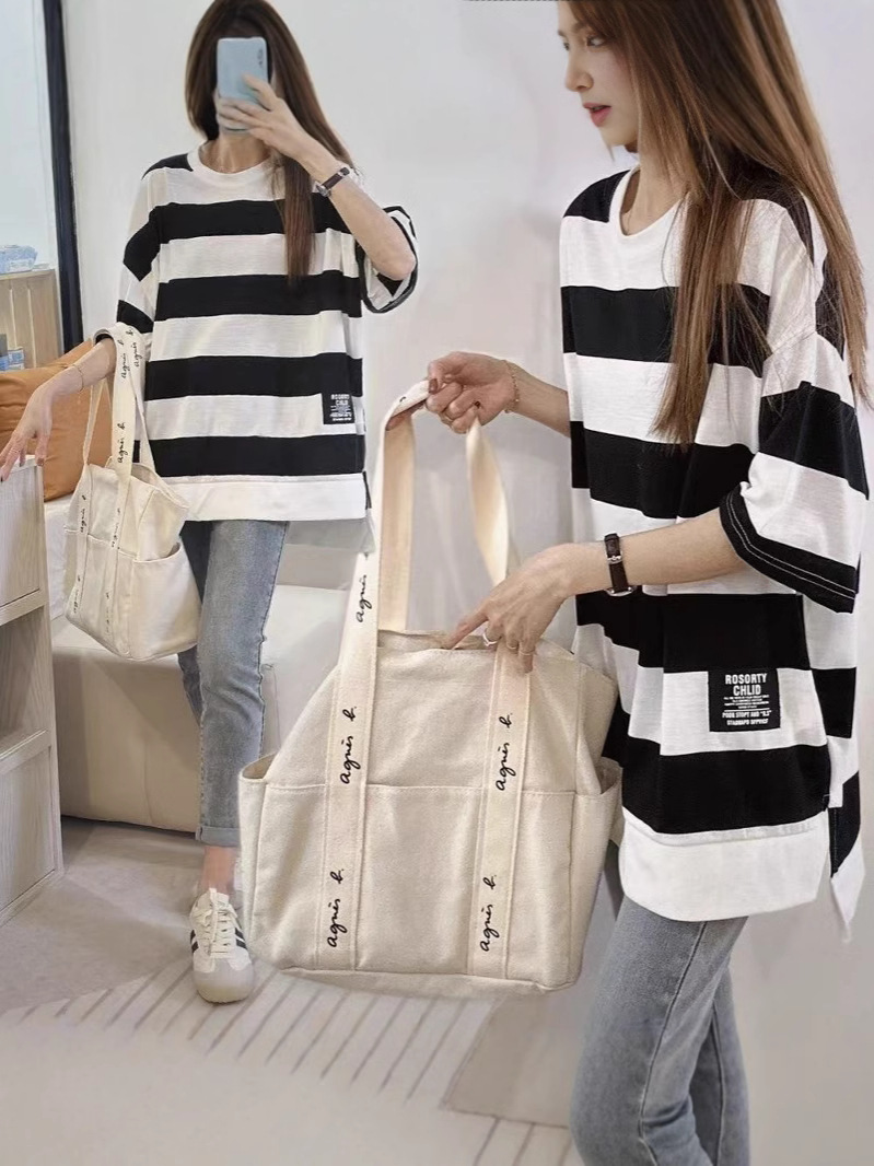 Osaka Loose Striped Label Top T-shirt Dongdaemun plus size Half Sleeve Summer 2025 New Casual Top