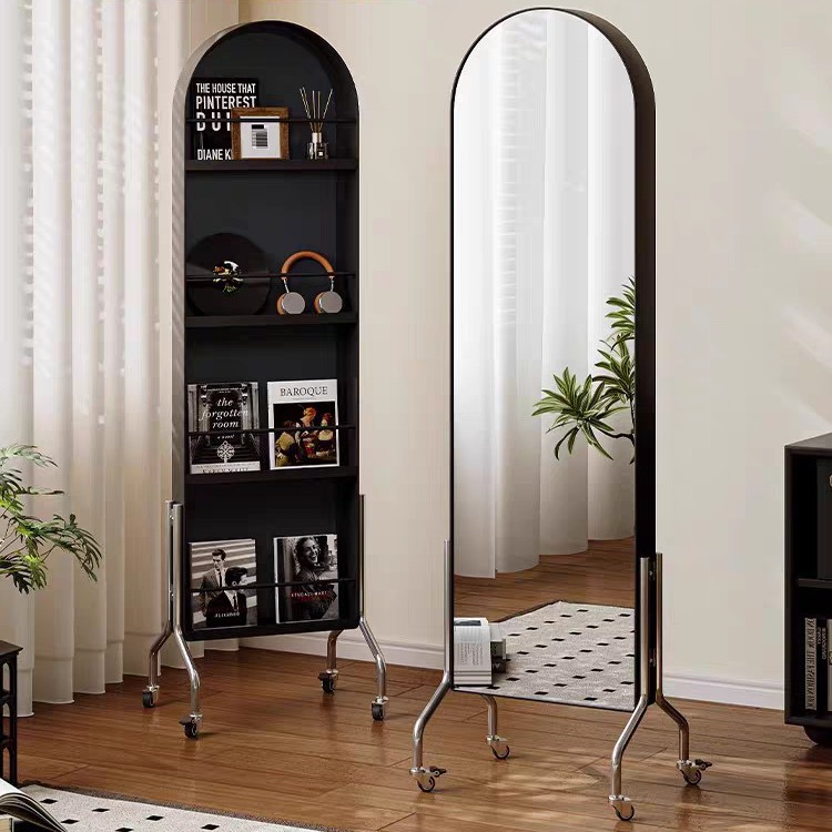 Simple fitting mirror magazine holder dual-purpose storage household floor mirror movable dressing mirror rotating full-length mirror