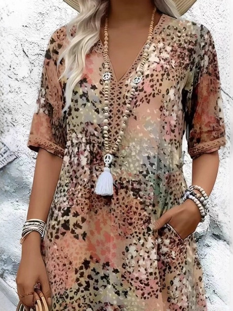 2025 New Cross-Border European and American Fashion Casual Vacation Pocket Printed Lace V-Neck Short-Sleeved Women's Dress