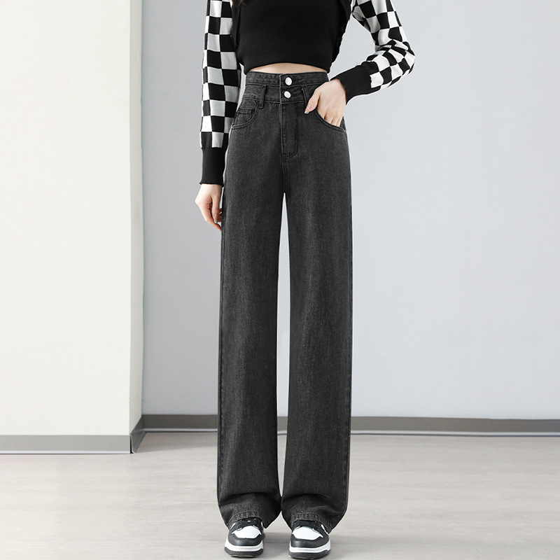 Women's Pear-shaped Black Grey Straight Tube Loose-fit chubby girl Wide-leg All-match Long Trousers with Double Buckle