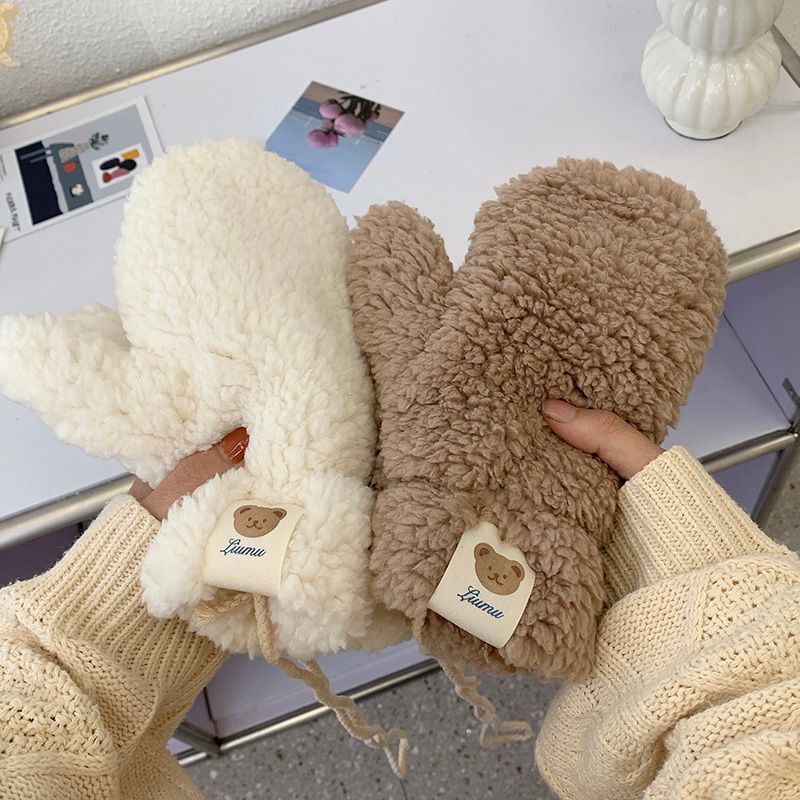 Winter Riding fleece-lined Thickened Warm Cold-proof Cashmere Bear Labeling Gloves Women's Neck Cute Student Gloves