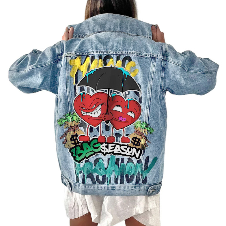 Picture of 2618 cartoon graffiti Amazon jacket Denim Net Red Jacket Women's autumn and winter baseball uniform Amazon coat