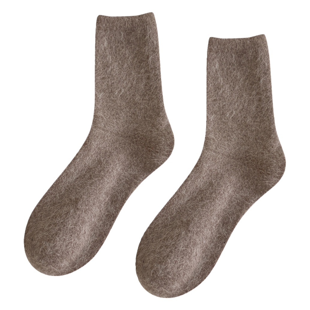 Flat solid color wide mouth mid-calf wool women's socks women's autumn and winter all-matching fleece-lined pile cashmere snow socks