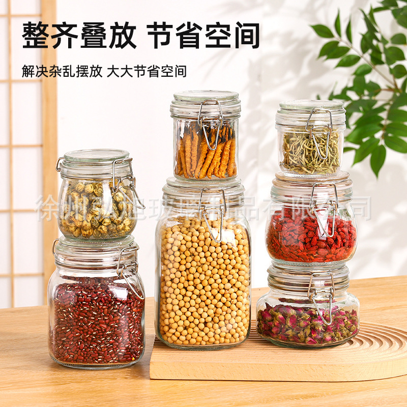 Glass Sealed Jar Stainless Steel Snap Grain Storage Jar Tea Box Oversized Household Pickles Jam Bottle Wholesale