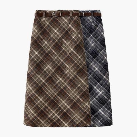2024 Autumn and Winter New High Waist Slimming Split Mid-length A- line Hip Skirt Retro Plaid Woolen Skirt for Women