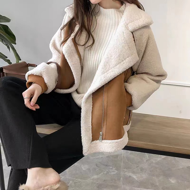 Picture of Foreign Trade Winter Clothing New Chic Loose Fur One-Piece Deerskin Velvet Jacket Women's Short Lamb Velvet Motorcycle Jacket