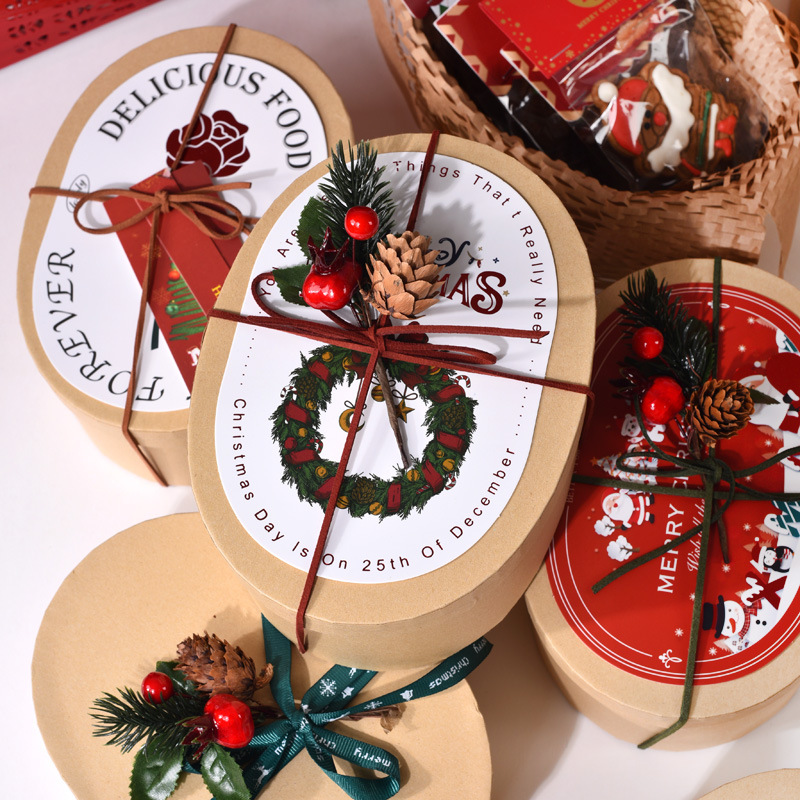 Christmas Gift Box Oval Kraft Paper Gift Box Frosting Cookies Cake DIY Baking Packaging Box Macarons
