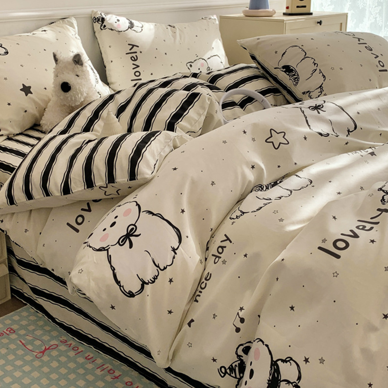 Cartoon Dog Cotton Bed Four-piece Set 2025 New Cotton Quilt Cover Bed Sheet Dormitory Bedding Three-piece Set
