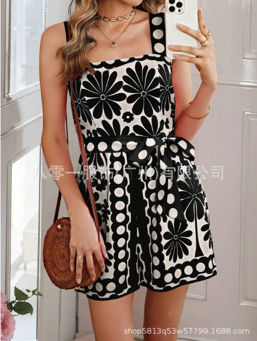 Picture of European and American Retro Casual 2025 Summer New Printed Sleeveless Button Lace-up Short Wide-leg Jumpsuit for Women