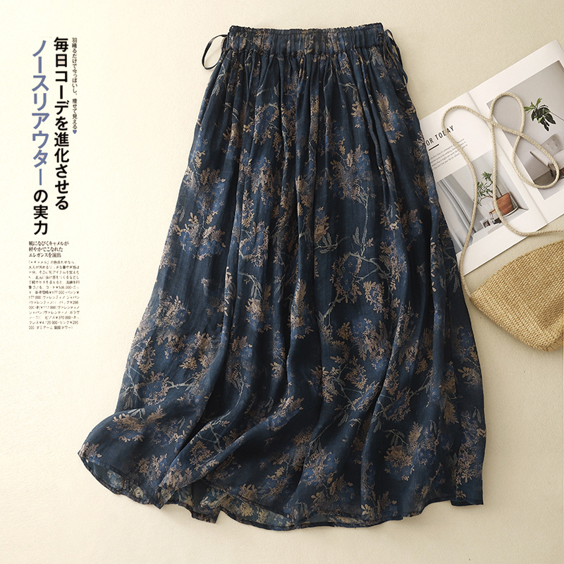 Real shot heavy industry fried color printed linen skirt elegant 100 fine cotton linen skirt ladies summer floral large skirt