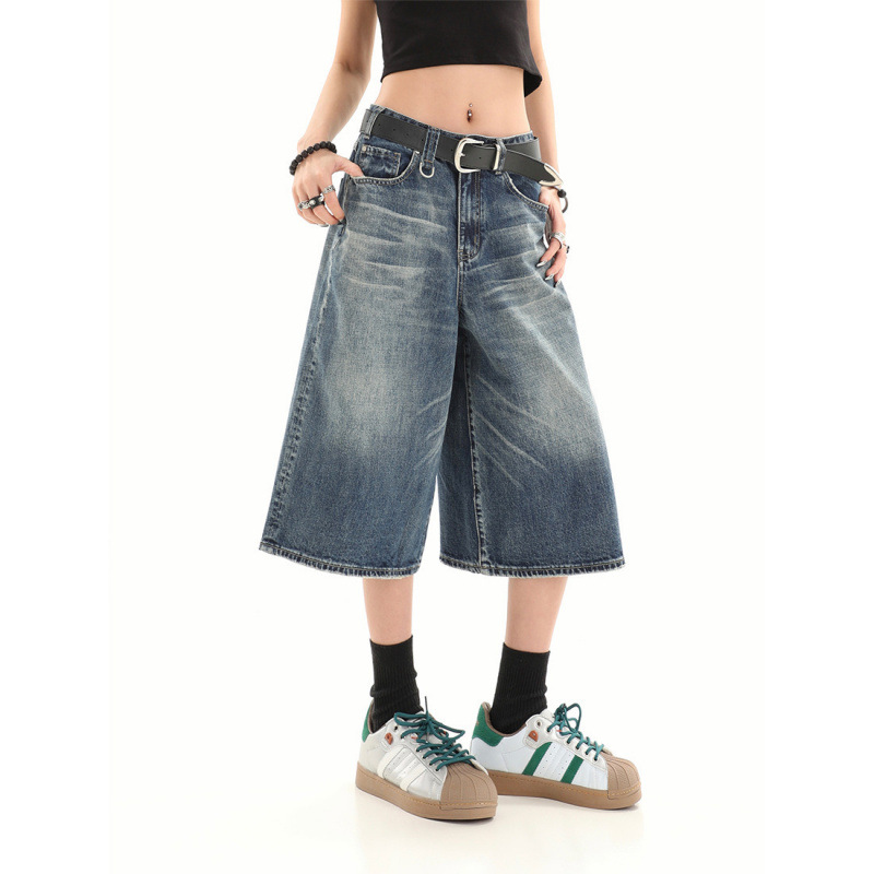 American retro loose silhouette washed distressed cropped denim shorts women's summer high street design wide-leg pants