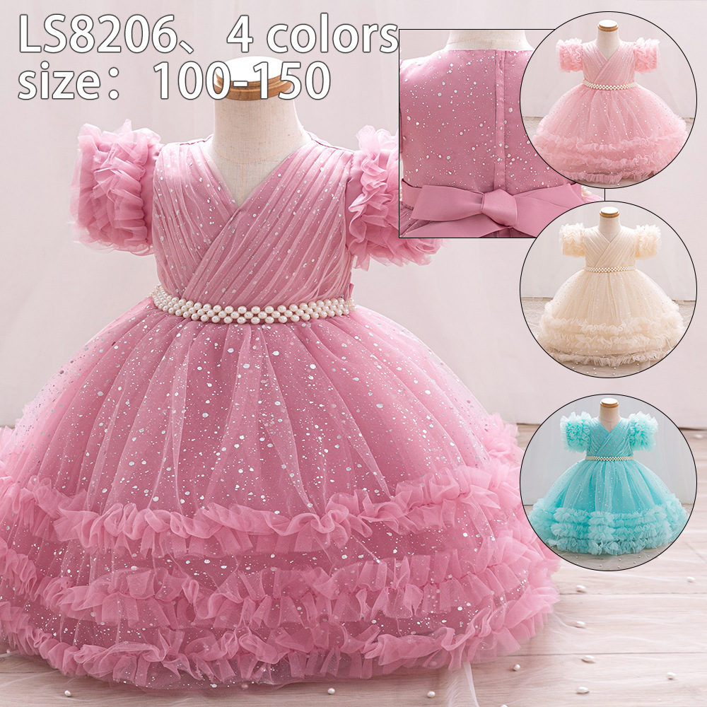 Girls' Fungus Sleeve Starlight Dot Print Dress Baby Fluffy Gauze First Birthday Party Flower Girl Princess Dress