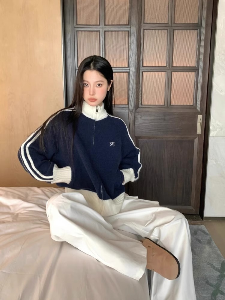 American Contrast Color Long Sleeve Vertical Collar Sweater Coat Women's 2024 Autumn and Winter New Loose Baseball Suit Cardigan Zipper Top