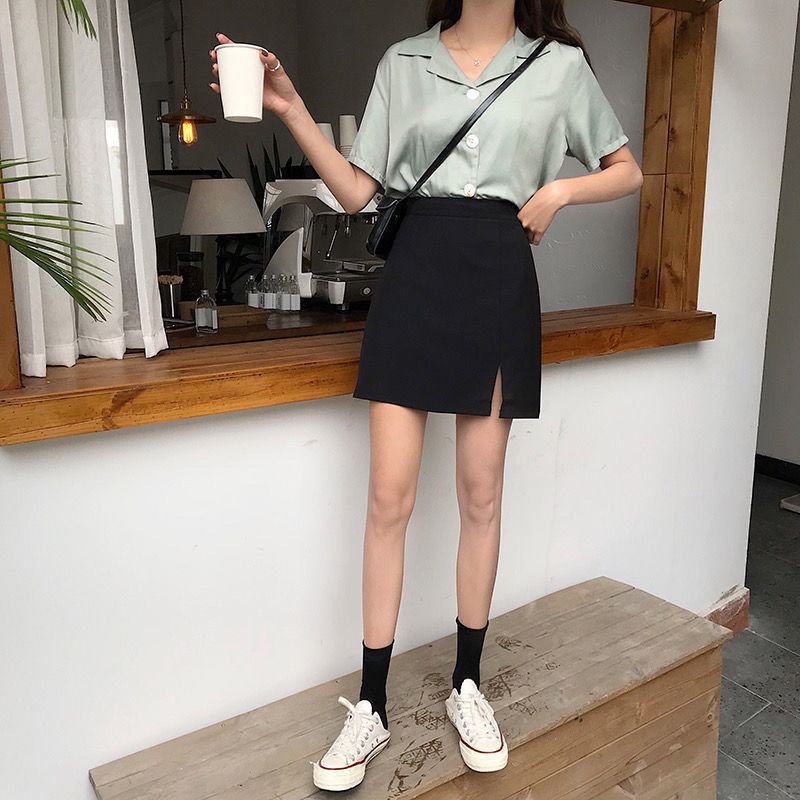 chubby girl plus size Women's Clothing Student's Short Skirt Split Hip Skirt Black High Waist A- Line Skirt Slimming All-Match Skirt for Women