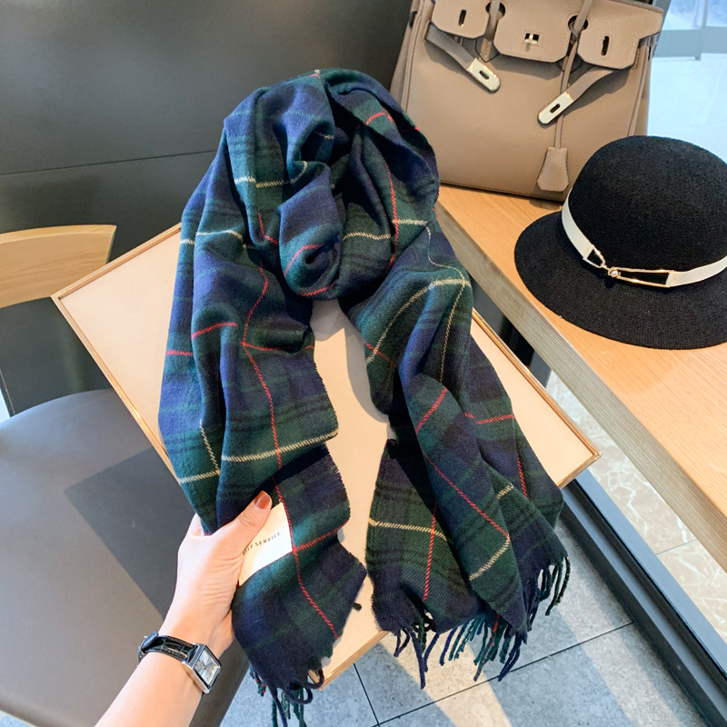 Korean Winter New Elegant Dark Green Plaid Tassel Imitation Cashmere Scarf Warm Shawl Decorative All-match Scarf for Women