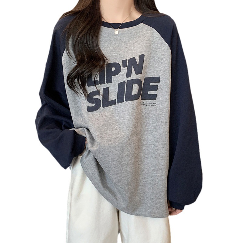 Picture of Autumn and Winter thickened brushed contrast color raglan sleeve letter printed T-shirt women's lazy loose large casual round neck sweater