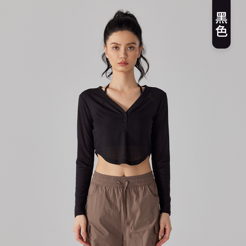 Picture of Wholesale Spring Summer Autumn Tencel Yoga Long Sleeve Loose Breathable V-neck Sports Blouse Women's Quick-drying Running Fitness Wear