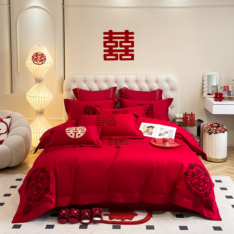Picture of High-end European-style Wedding Four-piece Cotton Big Red Embroidered Sanding Quilt Cover Wedding Bedding Accompanying Wedding Room