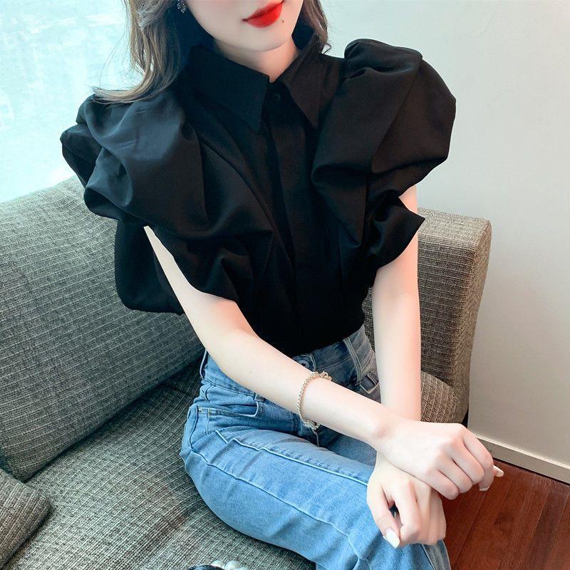 Picture of 2024 Summer New Petal Puff Sleeve Inner Top Women's Design Niche Retro Lapel Short Shirt