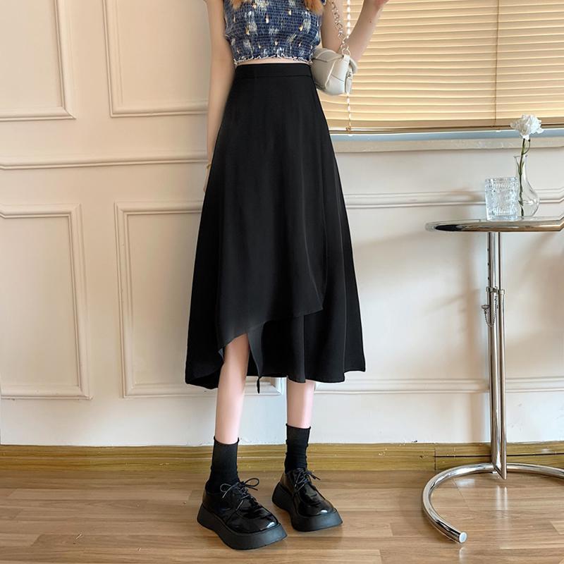 Black Skirt Women's 2022 Summer New Chic French Hepburn Style High Waist Irregular Design Small Skirt