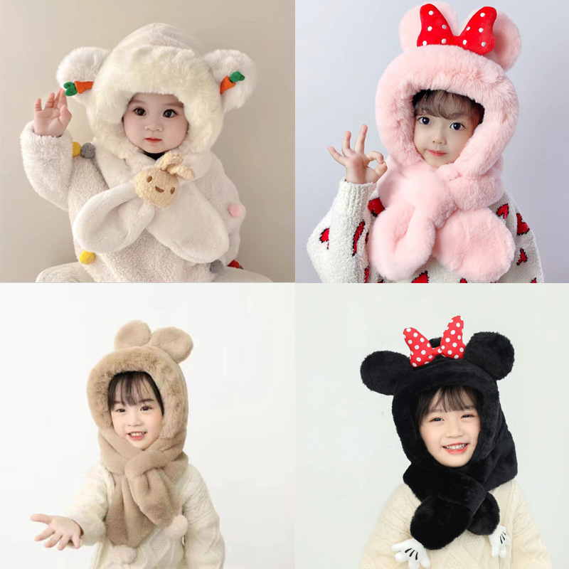 Children's Hat and Scarf Integrated Autumn and Winter Two-piece Set Warm Cute Thickened Baby Hat Winter Ear Protection Hat for Boys and Girls