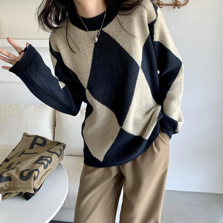 Retro Diamond Plaid Thickeneded Knitwear for Women Autumn and Winter 2025 New Loose Round Neck Popular Knitwear Top Ins Trend