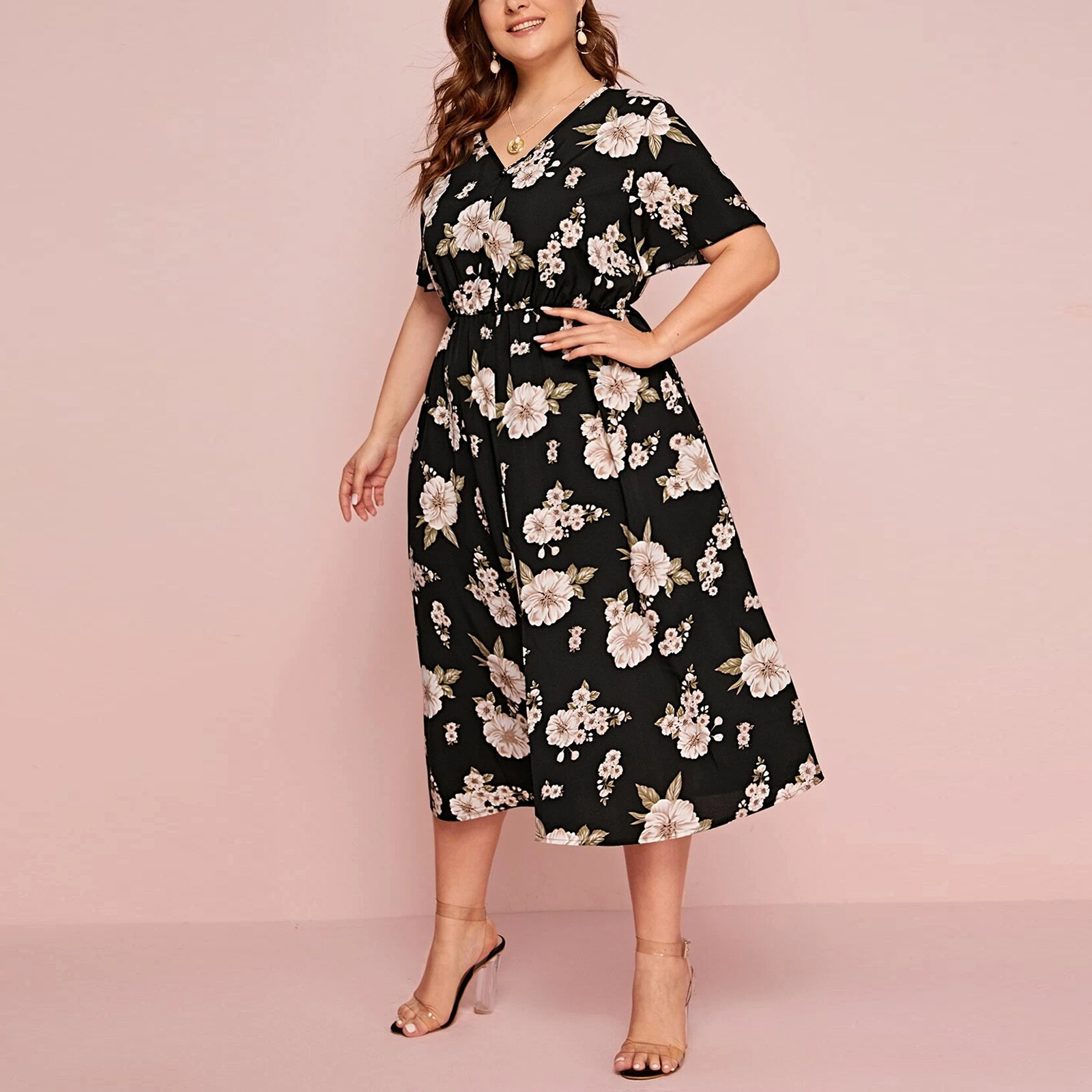 Picture of plus size Women's Floral Print V-neck Short-sleeved dress European and American-style Loose-fit Mid-length Chiffon Skirt