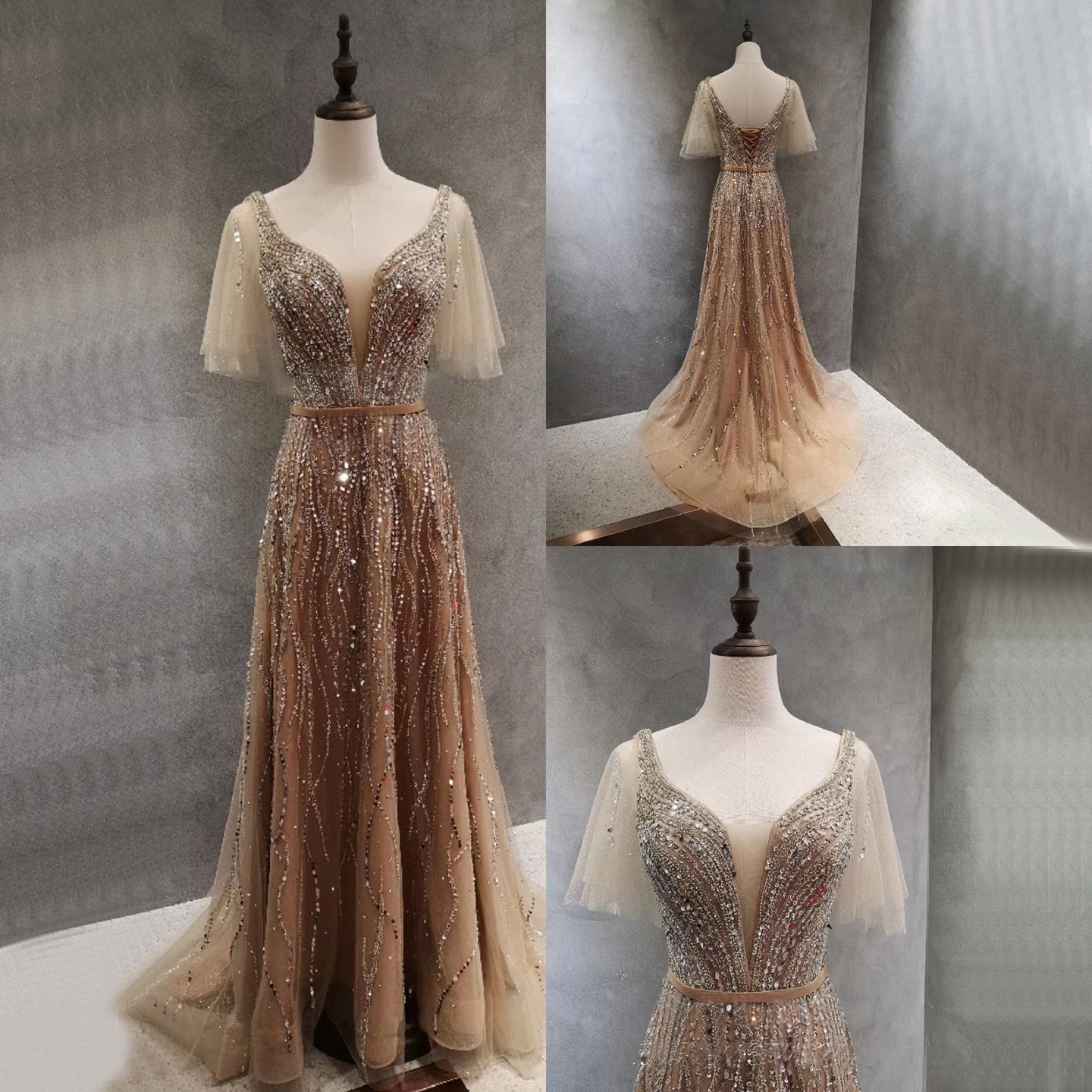 Golden Covering Arm Slimming Slim-Fit Host Beaded Celebrity Temperament Annual Meeting Adult Wedding Evening Dress LA70824