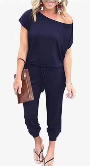 Picture of 2024 European and American Cross-border Spring and Summer Fashion Slanted Shoulder Short-sleeved Flap Pocket Pants Women's Jumpsuit