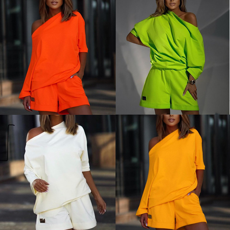 Amazon Foreign Trade Women's Fashion Sweatshirt Suit One-character Collar Shoulder Loose Two-piece 2022 New