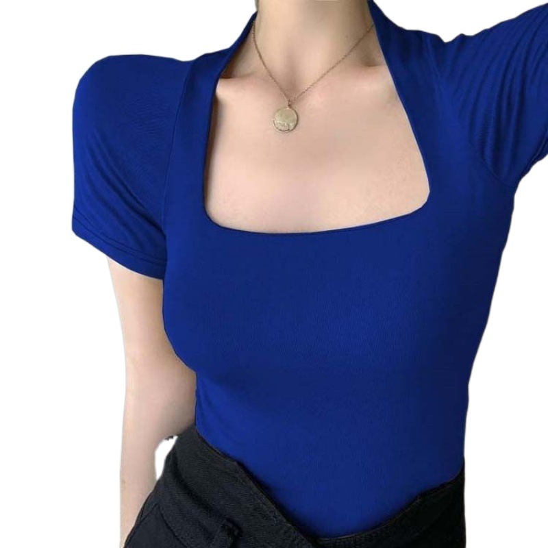 Picture of Klein Blue Square Collar Short-sleeved T-shirt Women's Summer Tight Big Neck Collarbone French Style Retro Sexy Half-sleeved Top