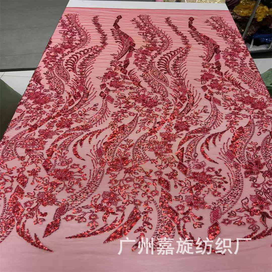 2025 New Large Floral Rice Bead Embroidered Evening Dress Fabric Red Sequin Bead Tube Embroidered Cheongsam Toast Dress Lace