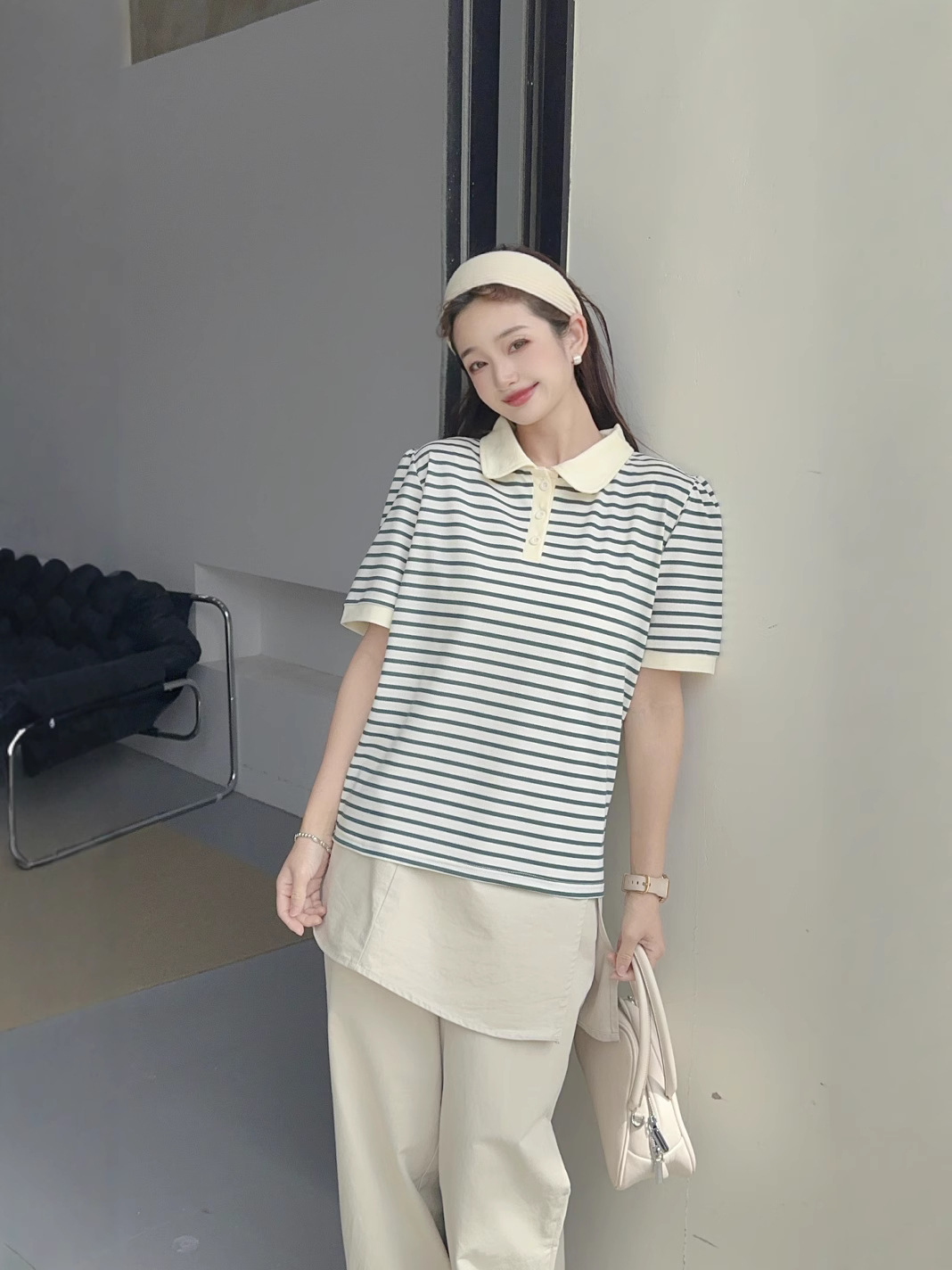 2025 Summer New Korean Style Fashionable Loose Polo Collar All-match Striped Short-sleeved T-shirt Women's Simple Elegant Top