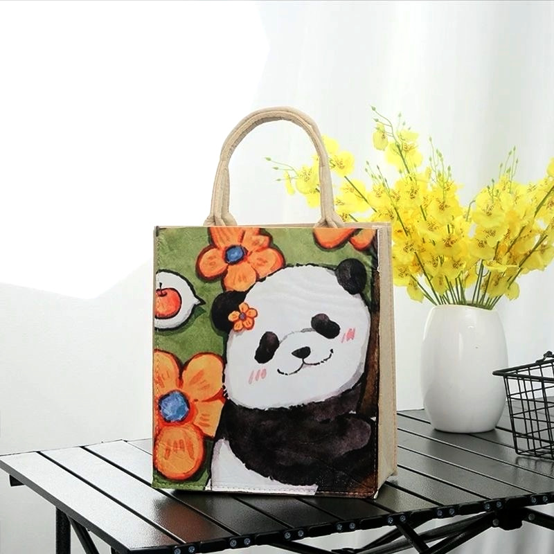2025 New Felt Panda Tote Bag Handbag Cartoon Oil Painting Cute Girl Bag Small Bag Shopping Bag