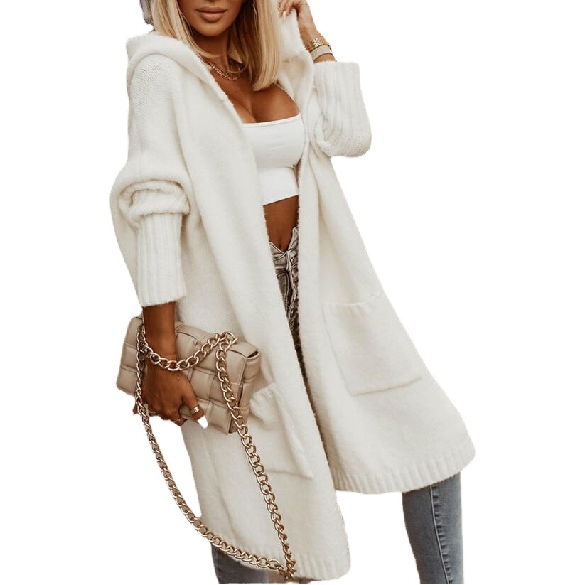 Cross-Border Foreign Trade Autumn and Winter New Sweater Long Cardigan Lapel Hooded Long Letter Wool Loose Knitted Jacket
