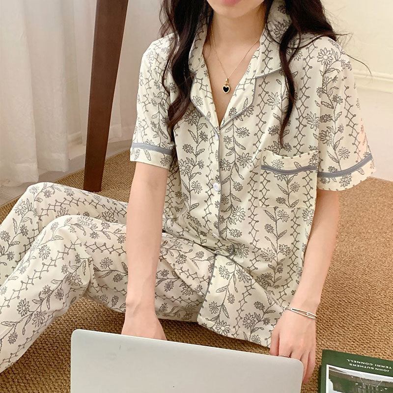 Palace Retro Style Summer New Arrival Pajamas Women's High Quality Imitation Cotton Cardigan Short Sleeve Trousers Air-conditioned Home Clothes suit