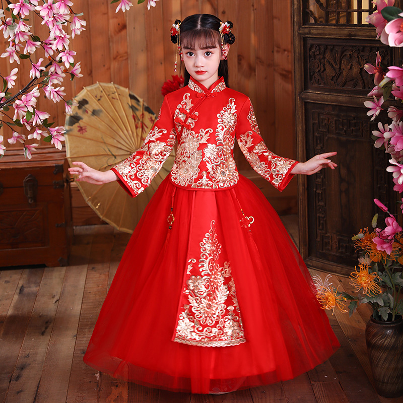Picture of Girls' Hanfu Traditional Chinese New Year Outfit Children's Cheongsam Autumn and Winter Chinese Style Set Tang Suit New Year Outfit Thickened and Warm