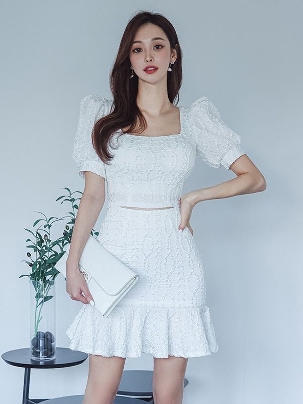Korean Style Square Collar High Waist Slim Ruffle Skirt Two-Piece Set Cross-Border Women's Summer New Puff Sleeve Top Set