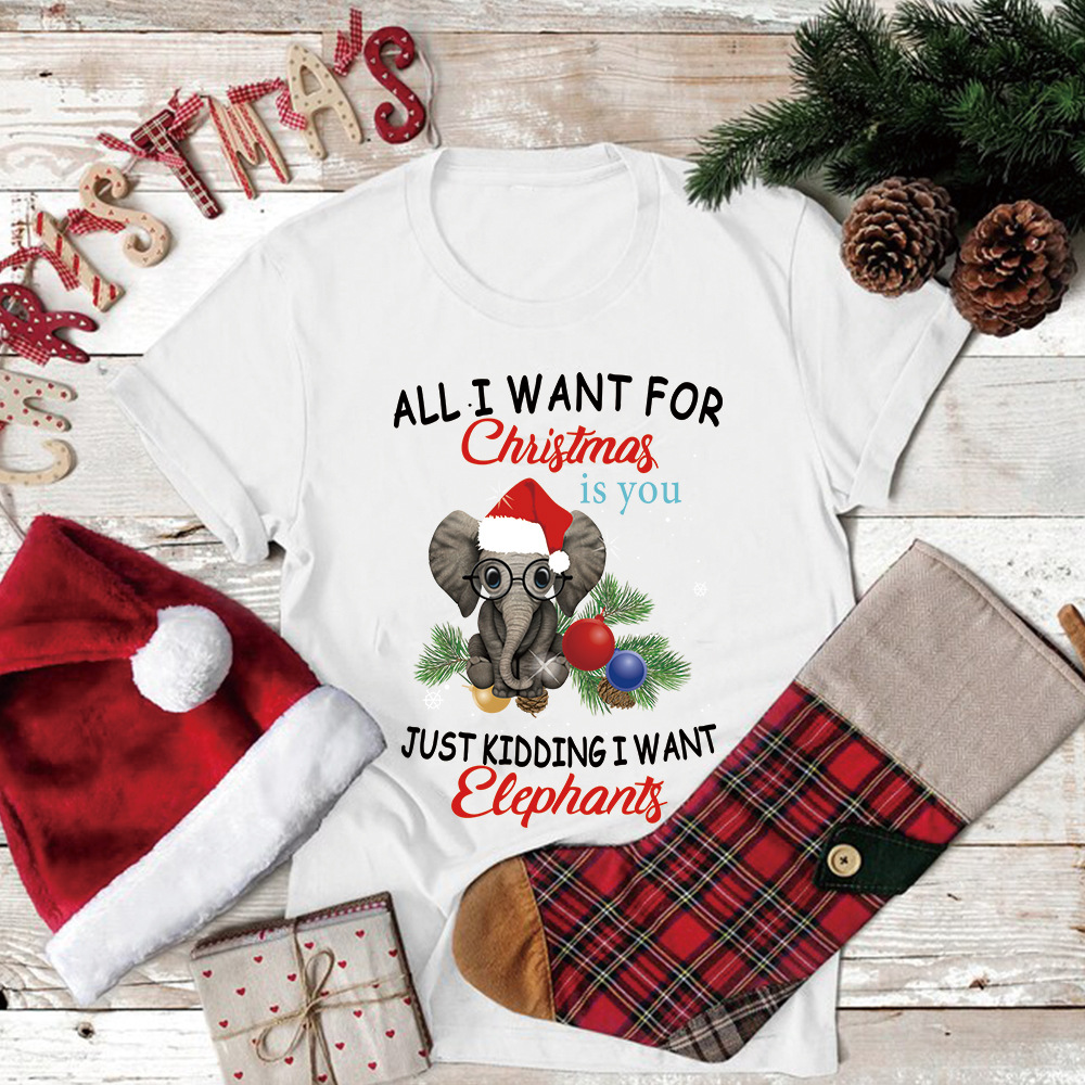 2021 Cross-border New Christmas Women's shirt Large Size Christmas Elephant Women's Short-sleeved T-shirt