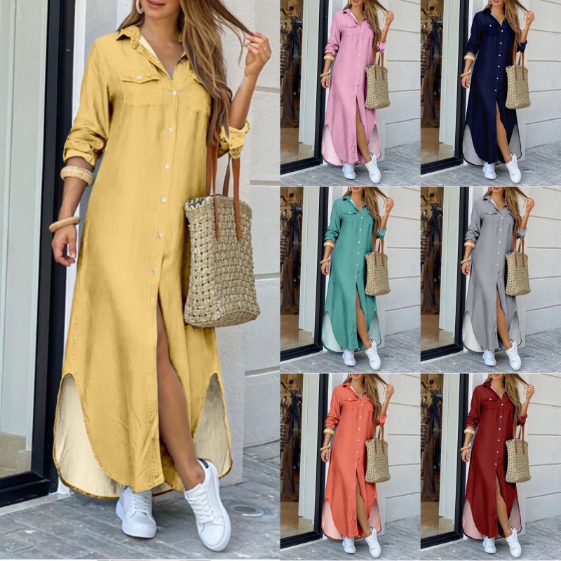 AliExpress spring and summer new fashion long sleeve colorful solid color shirt long dress