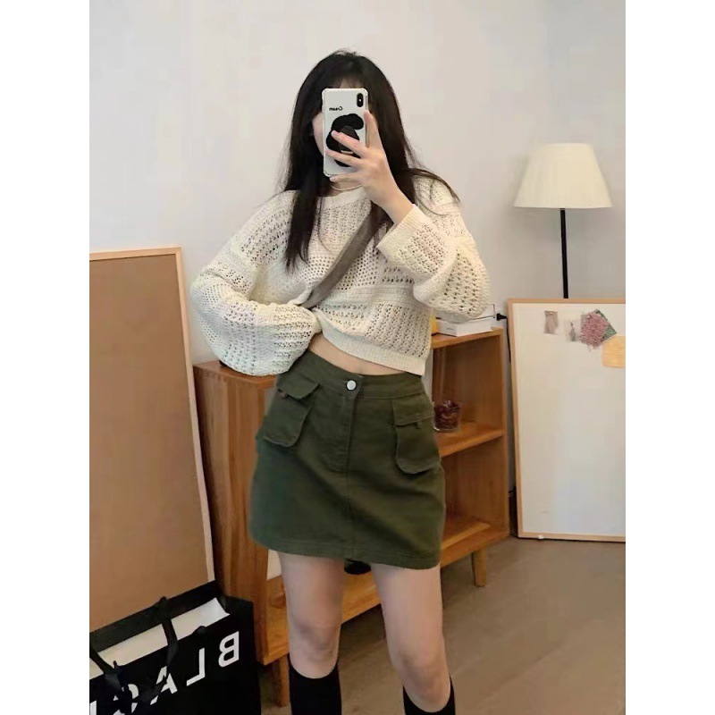 Korean-style Hollow Crochet Knitted Round Neck Short Top Small Blouse Sunscreen Pullover Air-conditioning Shirt